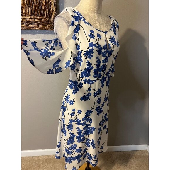 Nine West Dress 12 Cobalt Blue White Flowy Statement Sleeves Career Church - Picture 6 of 7